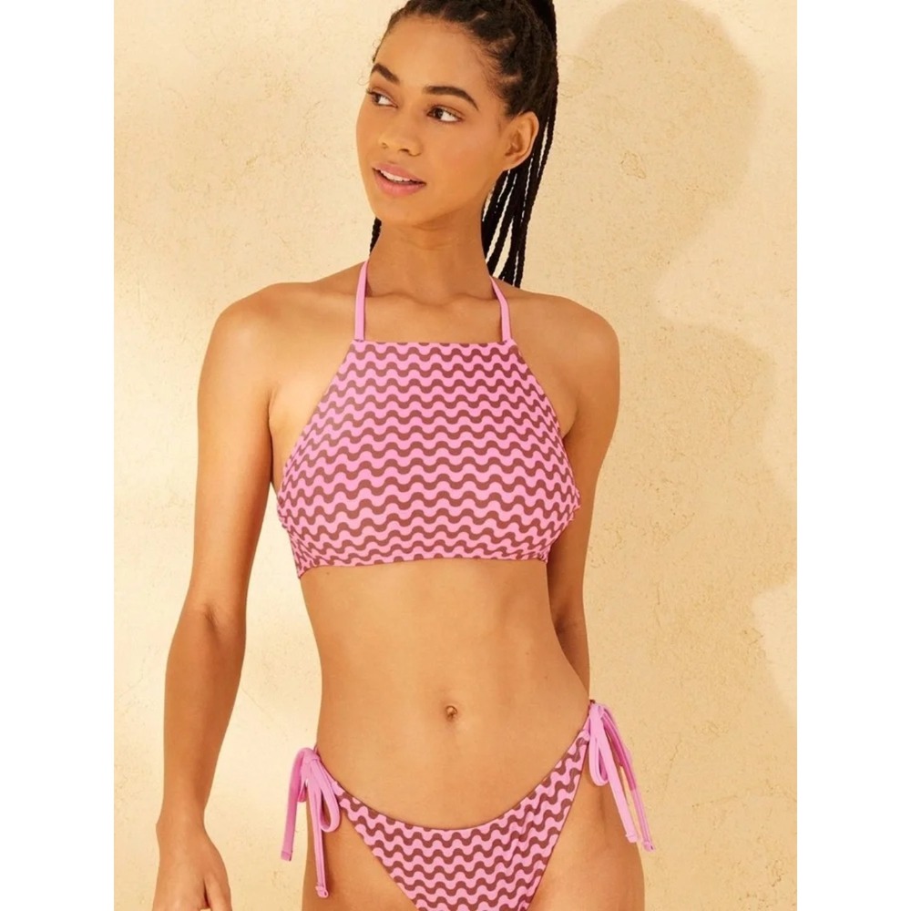 Wild Fable NWT Bikini Set Halter Top Side Tie Cheeky Bottom Pink Wave Size Large